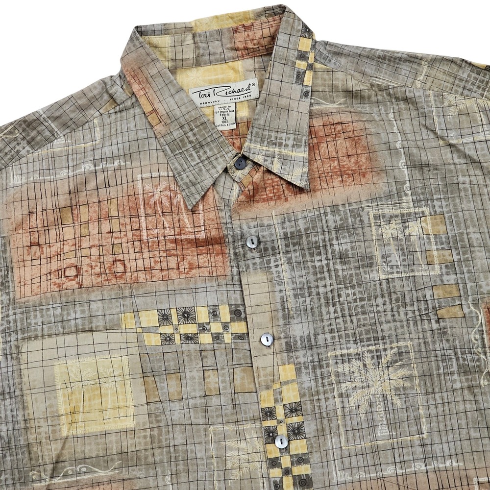 Tori Richard Button Up Mens XL Brown Orange Palm Cotton Lawn Aloha Hawaiian